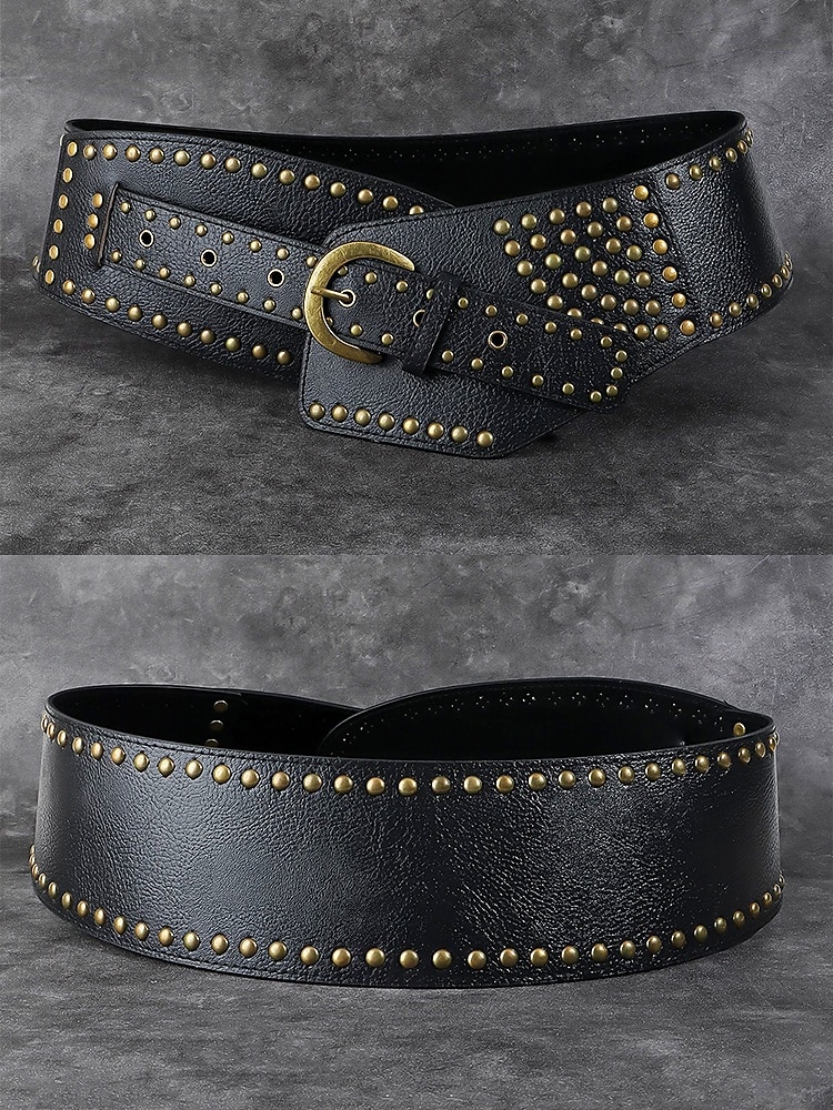 Brett svartbrunt dambälte i konstläder - vintage nitdesign med mässingsspänne, perfekt för klänningar, cosplay och gotiska kostymer 2025 - $18.99 –P9