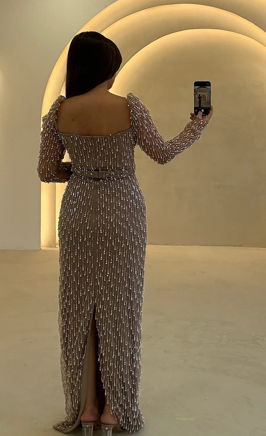 Sheath  Column Evening Gown שמלה אלגנטית קרנבל רשמית באורך רצפה שרוול ארוך צוואר ריבועי מבריק עם נצנצים 2025 - $152.99 –P2