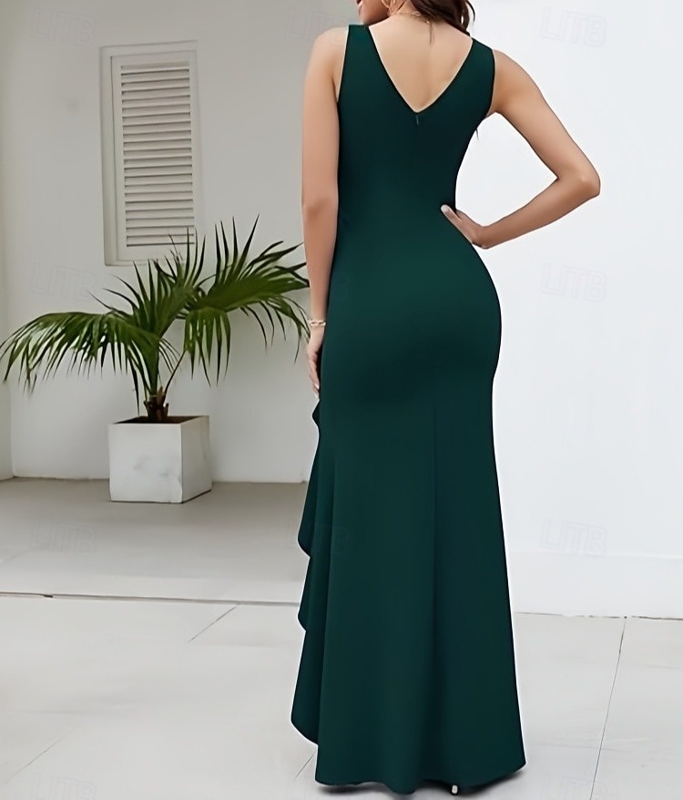 Havfrue  Trompet Bryllupsgjest Kjoler Elegant Kjole Bryllup Bryllupsgjest Gulvlengde Uten ermer V Hals Stretch Crepe med Rynkede Volanger Split 2025 - $158.99 –P2