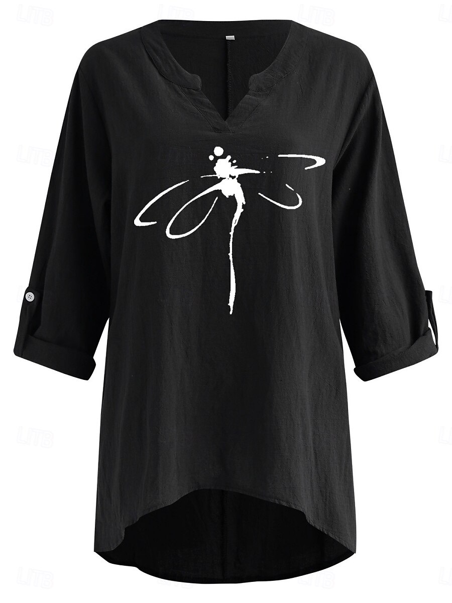 Women's Cotton Linen Shirts Dragonfly Basic Casual Long Sleeve V Neck Regular Tops Daily Print Black Navy Blue Sky Blue Summer Fall 2025 - $29.99 –P5