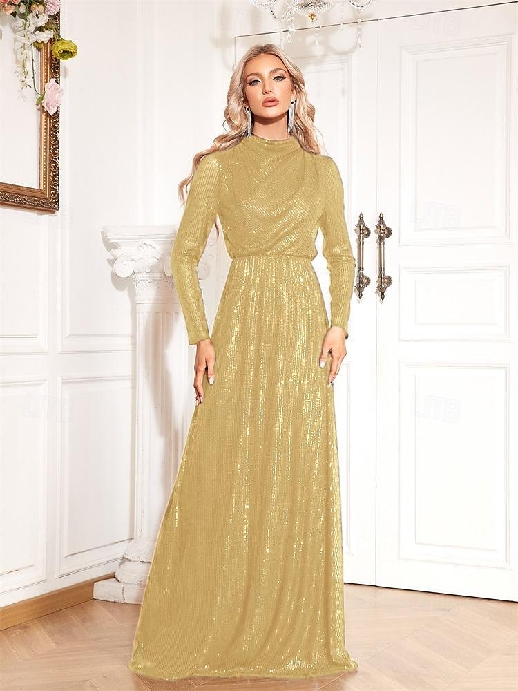 A-Linie Stretch Pailletten Meerjungfrau / Trompete Abendkleid elegantes Kleid formelle Hochzeit bodenlang Langarm Stehkragen Rollkragen mit Drapierung 2025 2025 - $139.99 –P6