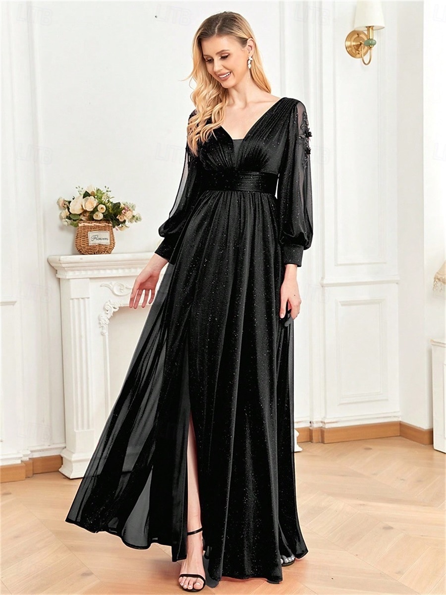 A-vonal Quinceanera Ruhák Elegáns Ruha Formális Esküvői Padló Hosszúságú Hosszú Ujjú V Nyak Sifon V Hátsó Ráncokkal Hasítékkal 2025 - $99.99 –P3