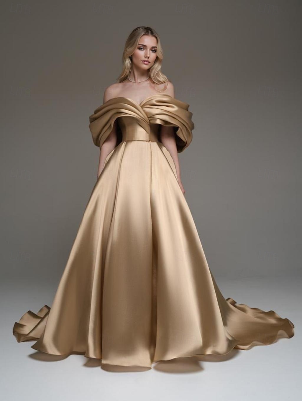 Robe de soirée dorée Robe de bal A-Line Robe élégante Formelle Mariage Traîne de cour Sans manches Épaules dénudées Satin extensible avec plis froncés de 2025 ? $155.99 –P1