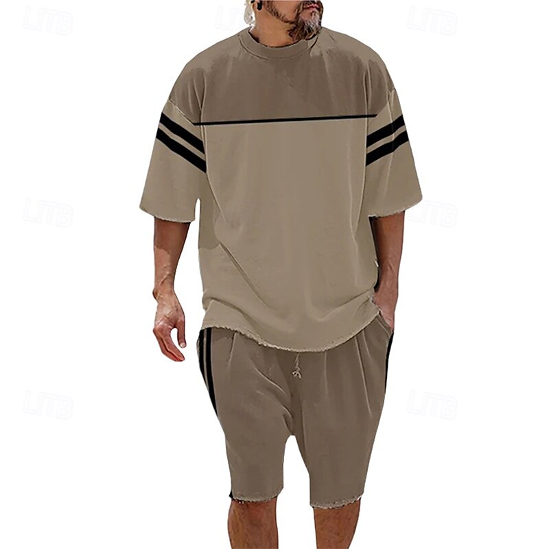 Voor heren T-shirt past 2 stuks outfits T-shirt en korte broek Korte mouw Strakke ronde hals Zomer Kleurenblok Modieus Casual 2-stuks Vakantie Alledaagse kleding Uitgaan Zwart Blauw Groen Top T-shirt 2025 - $26.99 –P1