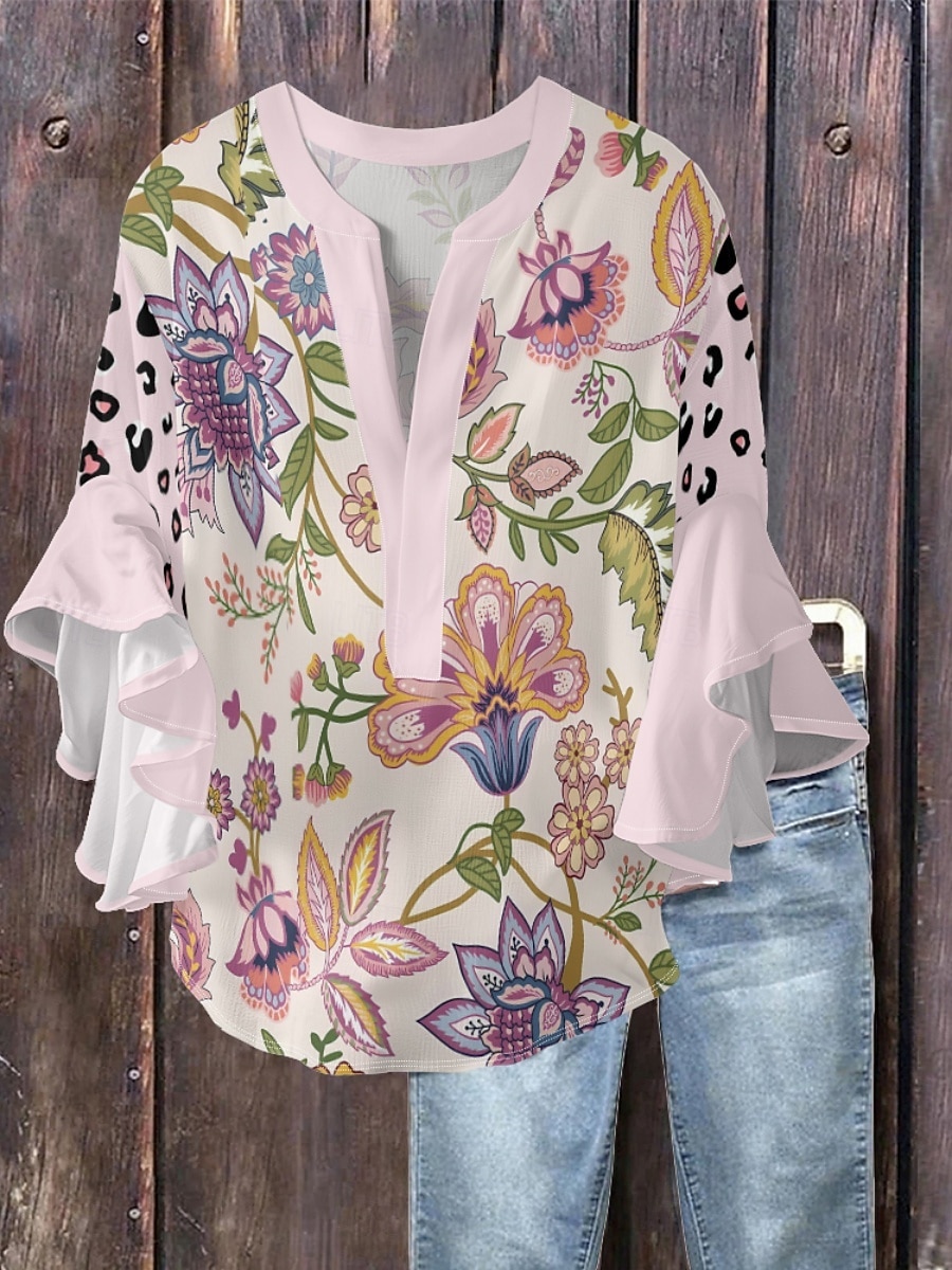 Mujer Blusa Volante Estampado Floral Elegante Moderno Manga 3/4 Escote en Pico Tops regulares Diario Festivos Azul Piscina Rosa Naranja Verde Trébol Verano 2026 - $37.99 –P4