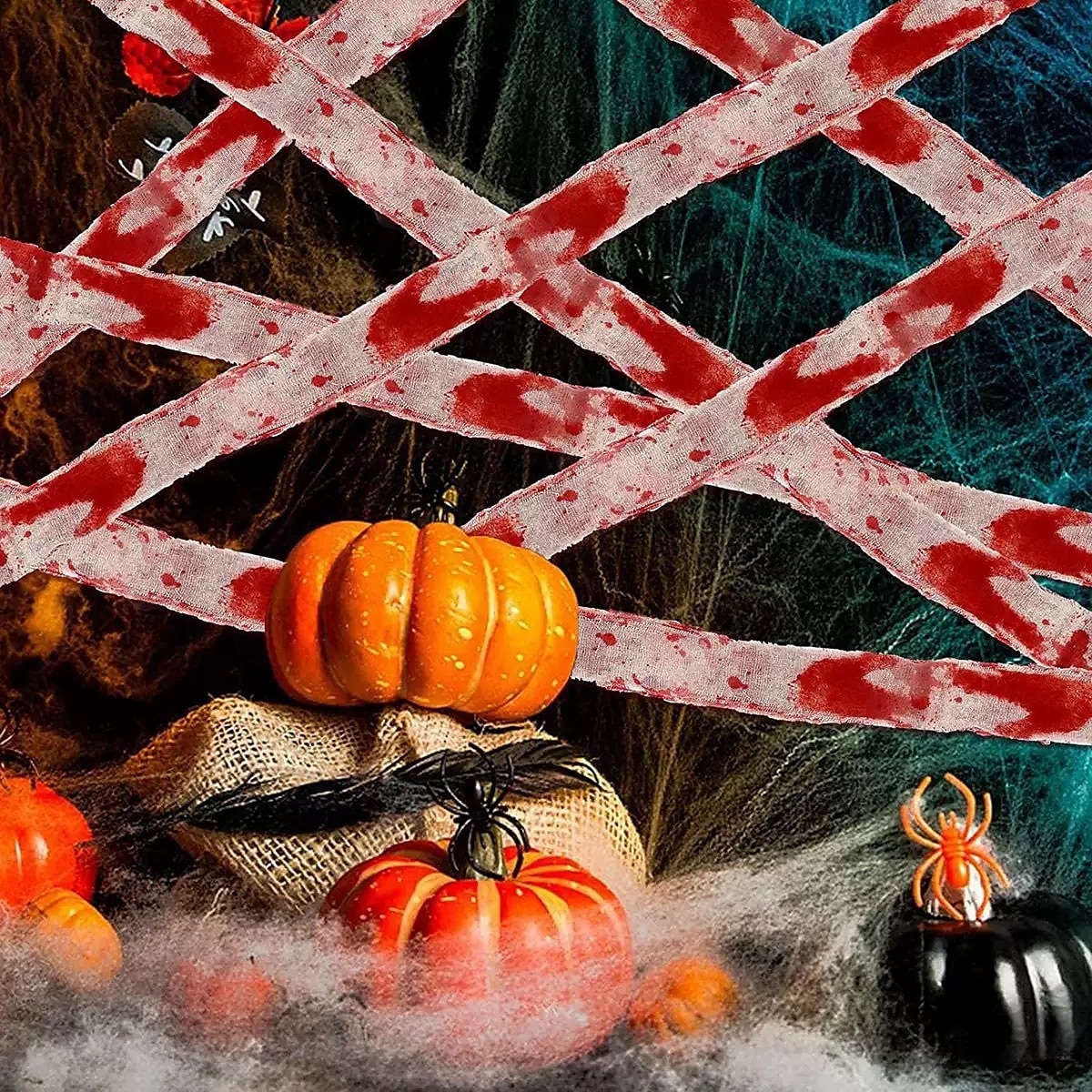 halloweeni véres gézkötés, vérfoltos kendőcsíkok, figyelmeztető szalag, hátborzongató jelenet dekoráció, kísértetjárta házibuli kellék 2025 - $9.49 –P9