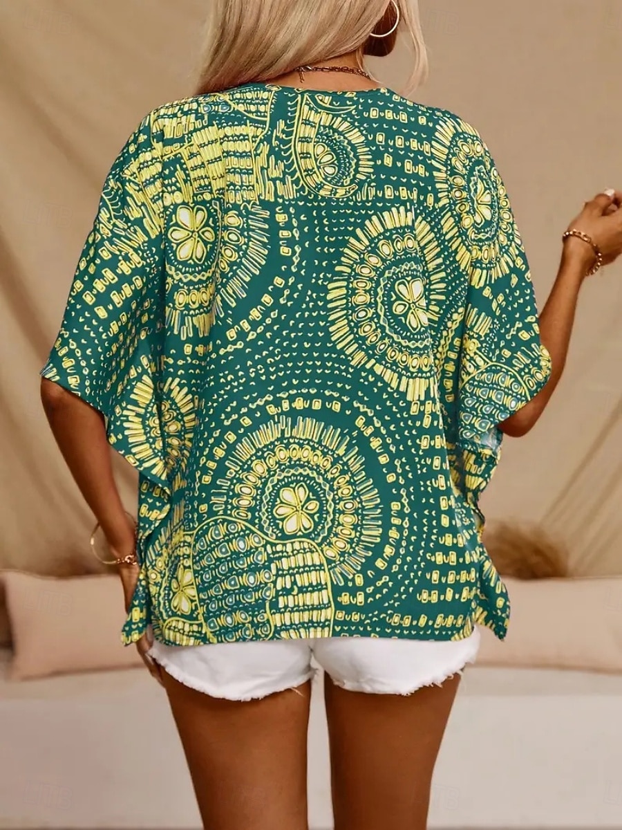 Women's Blouse Print Floral Graphic Bohemia Vintage Casual 3/4 Length Sleeve V Neck Regular Tops Daily Black Red Orange Green Summer Spring Fall 2026 - $19.99 –P11