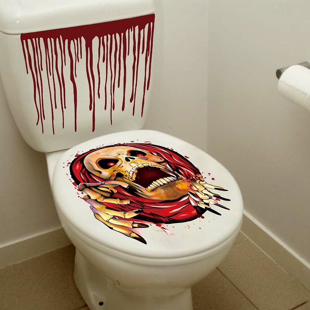 2 juegos de pegatinas para asiento de inodoro de Halloween, calcomanías 3D sangrientas para pared de baño, pegatinas de PVC autoadhesivas aterradoras para tapa de inodoro y pared para decoración de 2025 - $11.99 –P5