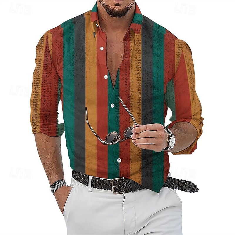 Per uomo Camicia Camicia Estiva Camicia casual Camicia da Spiaggia Camicia con Bottoni Verde chiaro Rosa Rosso Viola Verde Manica Lunga A righe Bavero Vacanza Camicia hawaiana Abbigliamento Poliestere del 2025 a $23.99 –P6