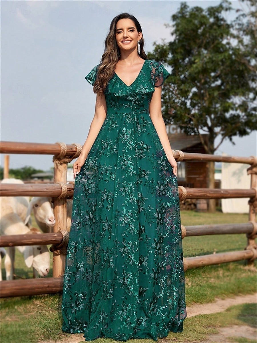 Robes de quinceanera en forme A Robe élégante Robe de mariage formelle longueur sol manches courtes col en V sequins dos en V avec sequins de 2025 ? $109.99 –P7