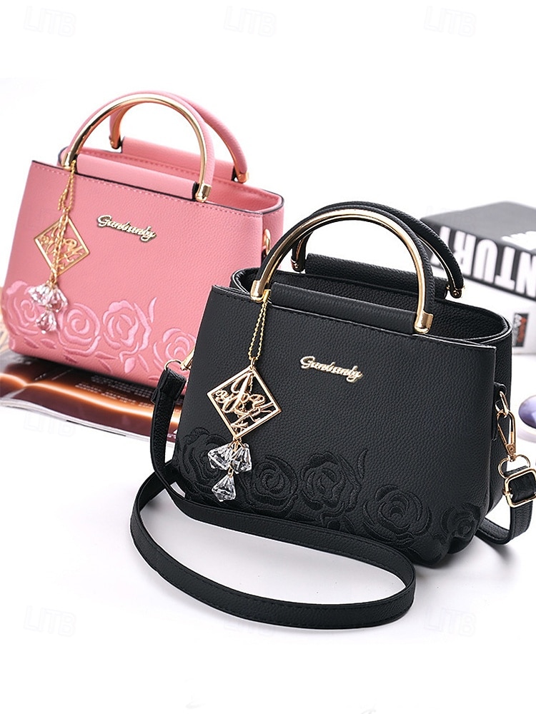 Women's Embroidered Rose Tote Bag with Gold Top Handle and Shoulder Strap - Elegant Faux Leather Crossbody Bag for Commuter, Leisure and Weekend Outings 2025 - $26.99 –P3