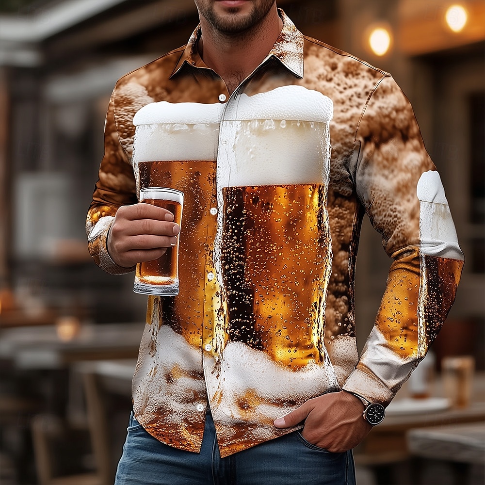 Pánské 3D tisk Pivo Oktoberfest Košile Košile s knoflíkem Havajské košile Dlouhý rukáv Havajské Venkovní Dovolená Léto Jaro Přehnutý 3D tisk košile s límečkem Žlutá Hnědá 2025 - $25.99 –P3
