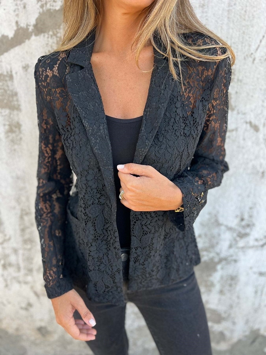 Mujer chaqueta Transpirable Cómodo Encaje Retazos Casual Plano Oficina Calle Casual Ropa Cotidiana Frente Abierto Regular Cuello Vuelto Ajuste regular Manga Larga Ropa de calle Negro Blanco Verano 2025 - $32.99 –P1
