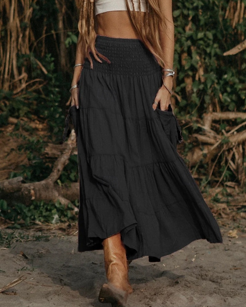Femmes Jupe Évasé Occasionnel Maxi Taille Basse Jupes Uni Froncé Micro-Élastique Vacances Rue Noir Blanche Jaune Vert Véronèse Automne Coton de 2025 ? $22.99 –P16