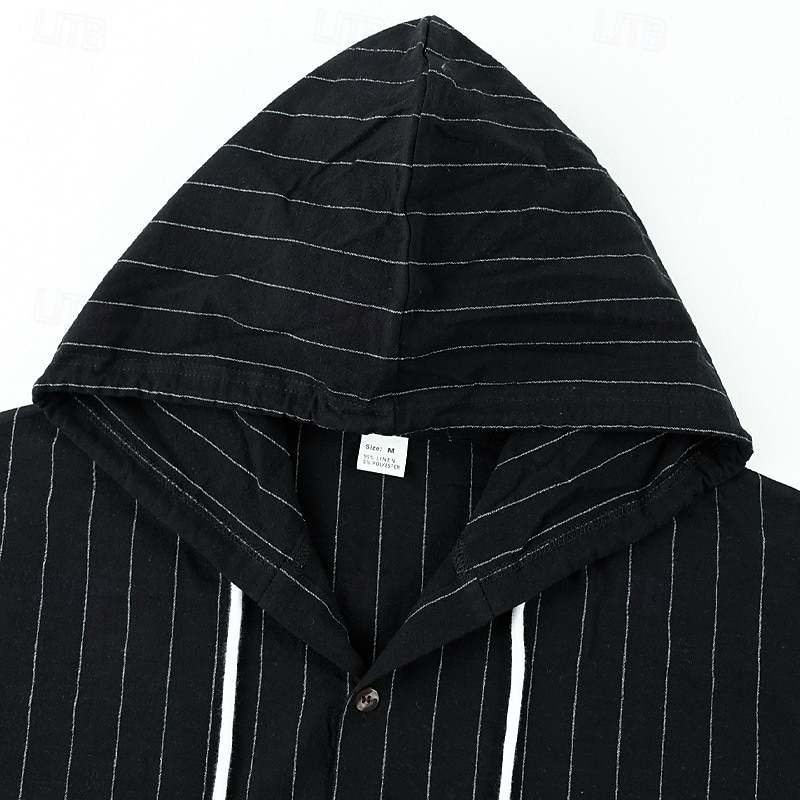 Men's Shirt Linen Shirt Casual Shirt Button Up Shirt Cotton Shirt Stripe Vacation Hawaiian Black White Navy Blue Khaki Long Sleeve Hooded Spring Fall Clothing Apparel Drawstring 2025 - $23.99 –P4
