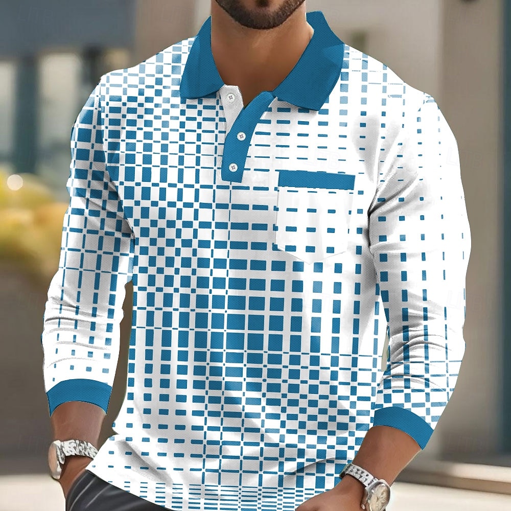 Homme Géométrique Polo manche longue Polos Chemises à Col Vêtement décontracté de travaile Affaires Athleisure Tenue quotidienne Boutons Avec Poches Impression 3D Printemps Automne Hiver Noir Bleu de 2025 ? $21.99 –P3