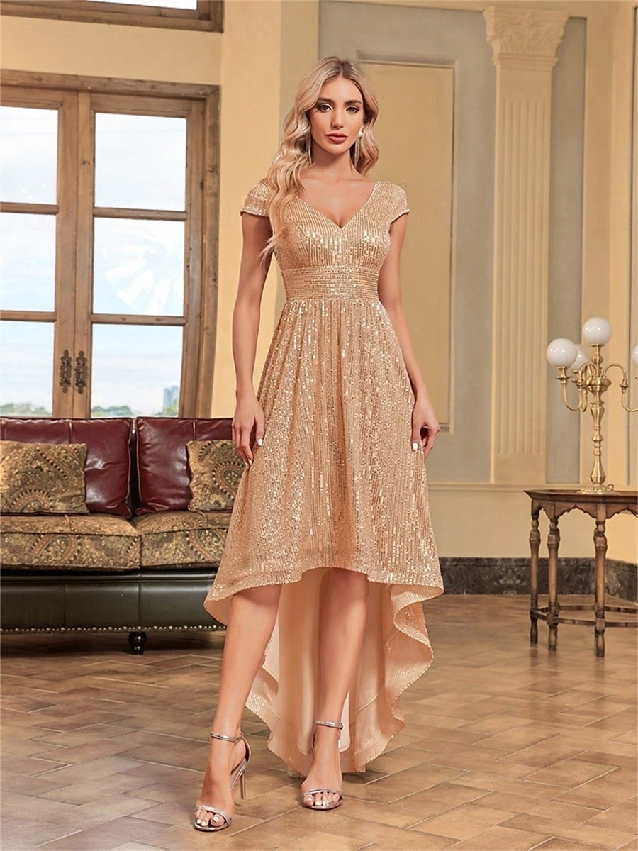 A-Line Quinceanera Dresses Elegant Dress Formal Wedding Asymmetrical Short Sleeve V Neck Polyester V Back with Sequin 2025 - $89.99 –P1