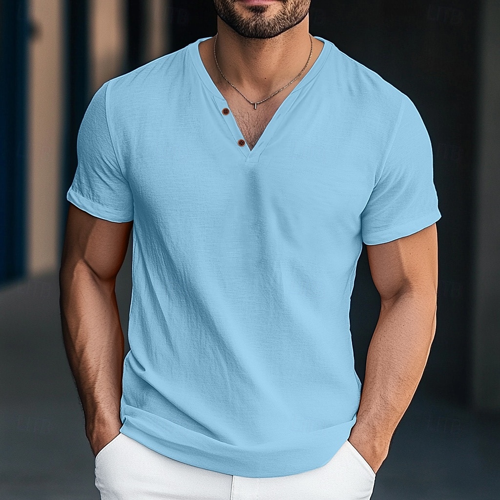 Herren Henley Hemd T-Shirt Kurzarm Einfarbig Einfach Mode Designer Basic Knöpfe V Ausschnitt Urlaub Straße Lässig Sommer Dunkelgrau Weiß Blau Henley T-Shirt 2025 - $25.99 –P11