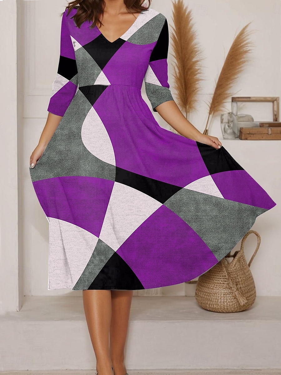 Femmes Robe Midi Robe trapèze Vacances Occasionnel Sortir Coupe régulière Graphique Géométrique manche longue Col en V Rouge Bleu Violet Vert Été de 2025 ? $38.99 –P2