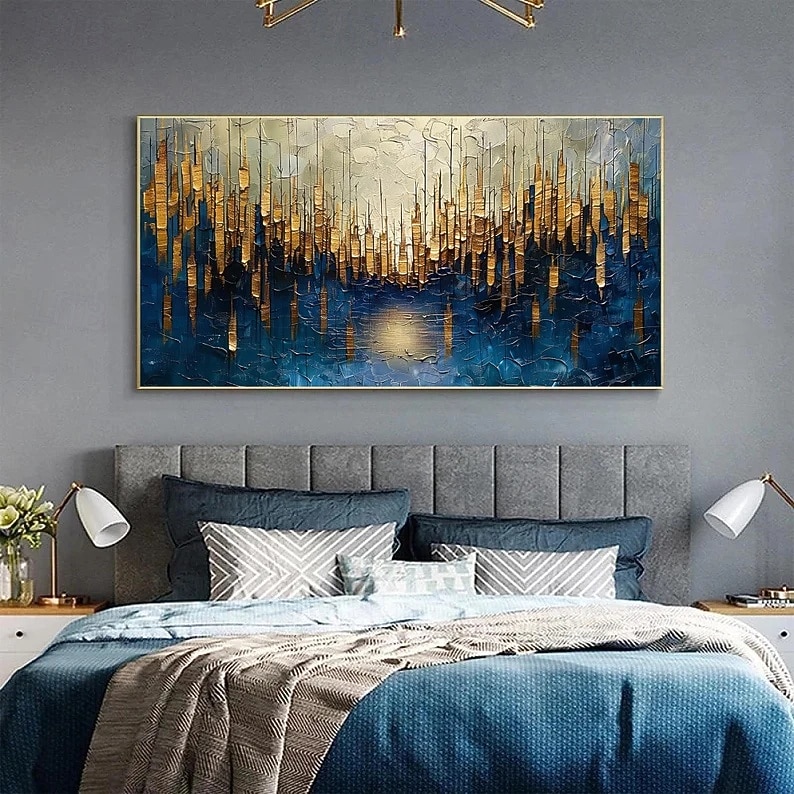 Gran pintura al óleo original dorada sobre lienzo, arte de pared abstracto minimalista con textura azul, pintura personalizada, decoración de pared bohemia, decoración de pared de sala de estar 2025 - $58.99 –P7