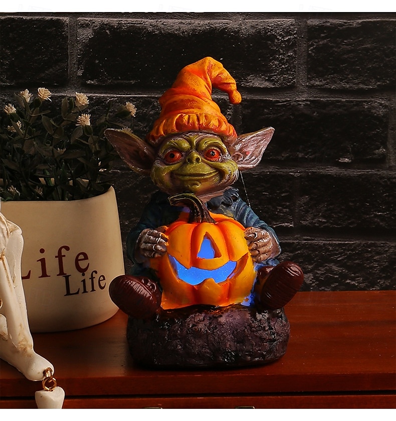 Φιγούρα ρητίνης καλικάντζαρου για το Halloween που κρατά κολοκύθα με φώτα, λαμπερό στολίδι ρητίνης ξωτικού, διακόσμηση σπιτιού για τραπέζι 2025 - $17.49 –P9