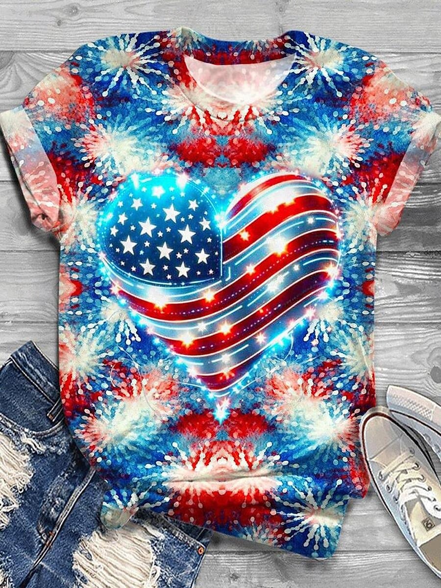 Kobieta Patriotyczna T-Shirt Serce Kwiatowy Graficzny Vintage Stylowy Casual Krótki Rękaw Okrągły Dekolt Regularne Top Codzienne Druk Czerwony Niebieski Lato Wiosna 2025 - $19.99 –P1