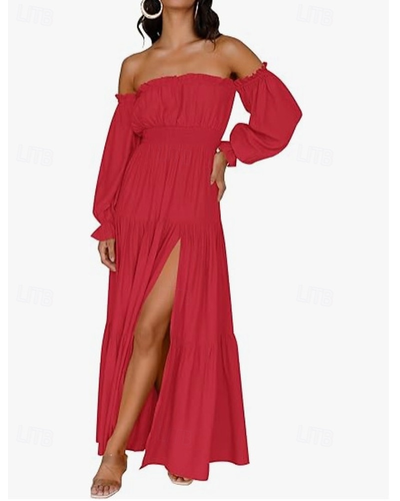 Damen Langes Kleid Maxikleid Schößchen Kleider Mode Modern Outdoor Urlaub Ferien Normale Passform Einfach Dreiviertelarm Schulterfrei Schwarz Rote Beige Sommer 2025 - $22.99 –P2
