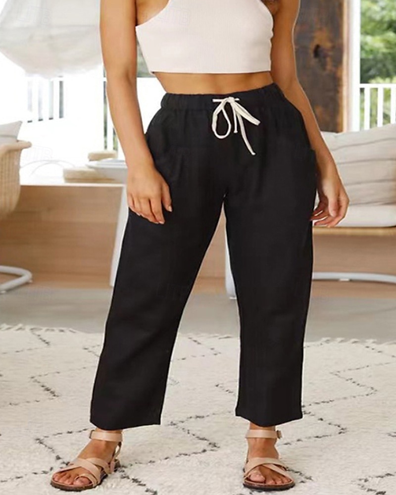 Women's Cotton Linen Pants Slacks Streetwear Casual Full Length Natural Plain Pocket Elastic Drawstring Design Comfy Outdoor Comfortable Holiday Daily Wear Going out Rust Light Sky Blue Grey Black 2025 - $27.99 –P5