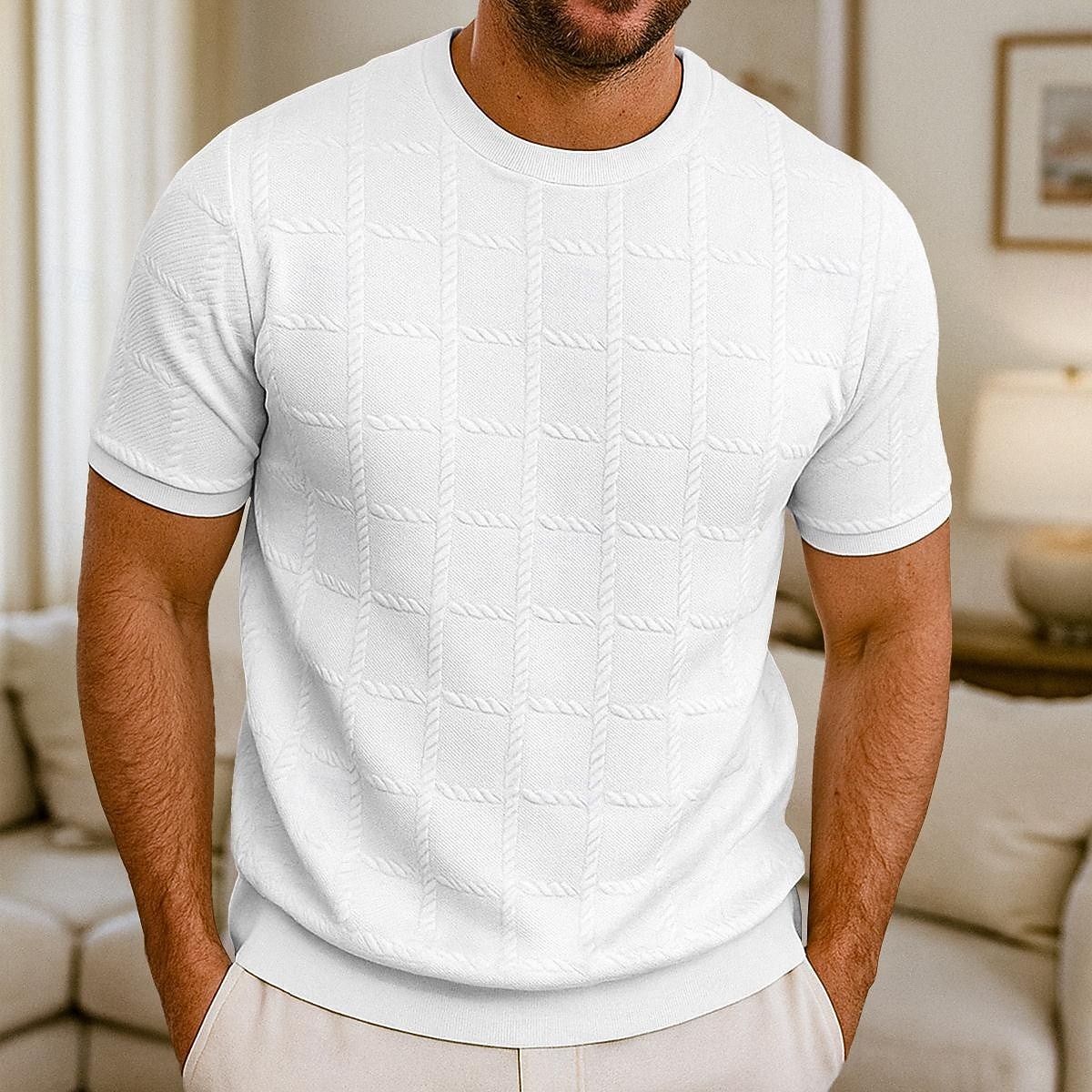 Hombre Camiseta de gofre Camiseta Tee Camisa manga corta Manga Corta Cuello Barco Verano Todas las Temporadas Plano Moda Design Básico Jacquard Casual Vacaciones Calle Blanco Camiseta superior para 2026 - $20.99 –P1