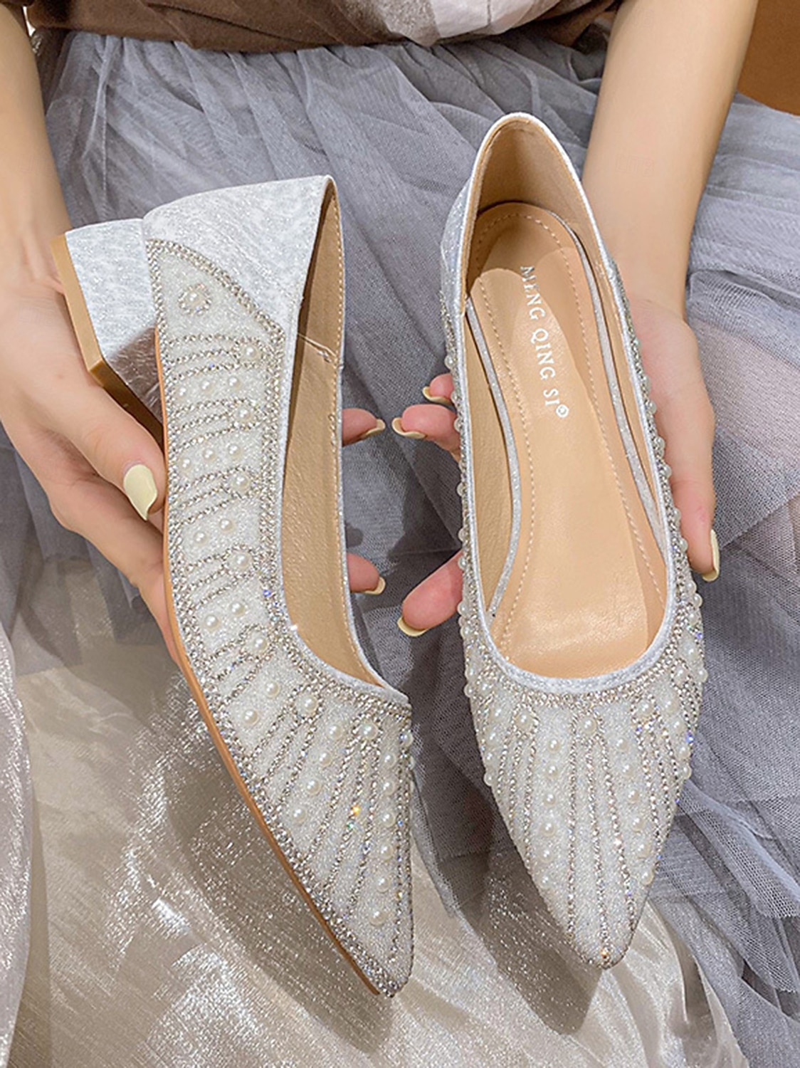 Pärlprydda spetsiga blockklackar för kvinnor, eleganta glitterpumps för cocktailpartyn och formella evenemang 2026 - $46.99 –P6