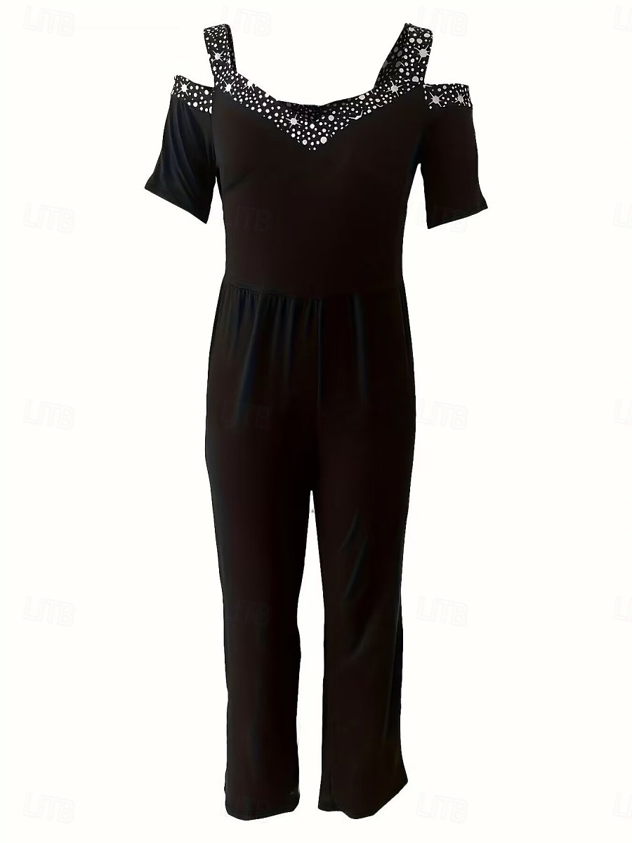 Women's Normal Jumpsuit Elegant Geometric Short Sleeve Wide Leg V Neck Patchwork High Waist Party Work Regular Fit Black Wine Blue Summer 2026 - $28.99 –P2
