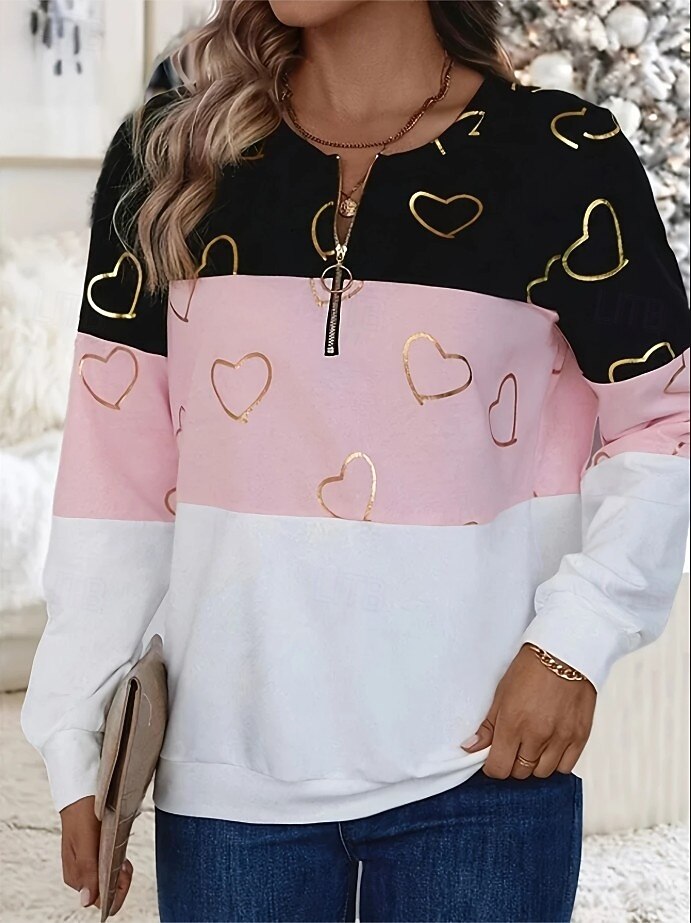 Pull à zip quart pour femme à rayures géométriques en forme de cœur décontracté manches longues col rond hauts réguliers mode de rue vêtements quotidiens imprimé décontracté rose automne hiver de 2025 ? $27.99 –P3
