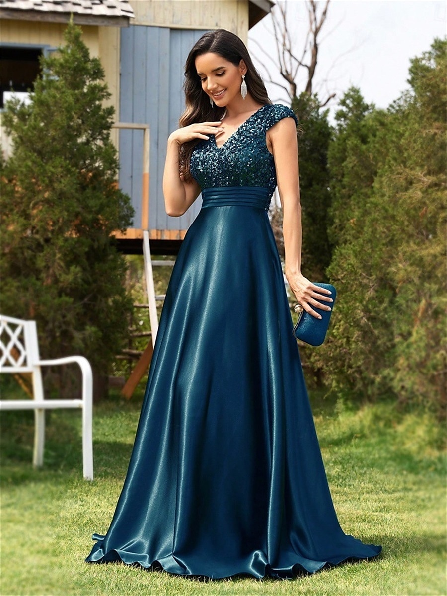 Vestidos de Quinceanera Linha A Vestido Elegante Casamento Formal Comprimento do Chão Sem Mangas Decote em V Cetim com Lantejoulas de 2025 por $99.99 –P2