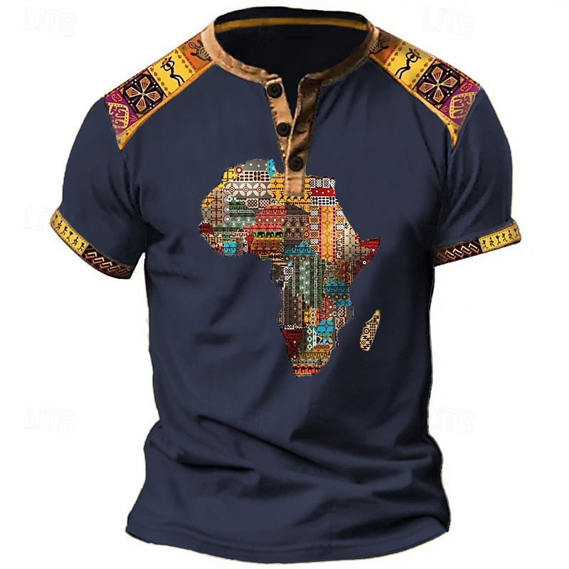 Pánské Grafika Etno Tričko Henley Vintage košile Krátký rukáv 3D tisk Designové Geleneksel Pohodlné Venkovní Denní Léto Černá Vodní modrá Hnědá Trávová zelená Henley Tričko Henley 2025 - $23.99 –P3