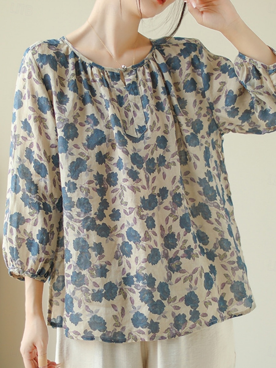 Pentru femei Cămăși Bumbac In Floral De Bază Casual Lungime Manșon 3/4 Stil Nautic Topuri obișnuite Zilnic Imprimeu Albastru piscină Vară 2025 - $18.99 –P7