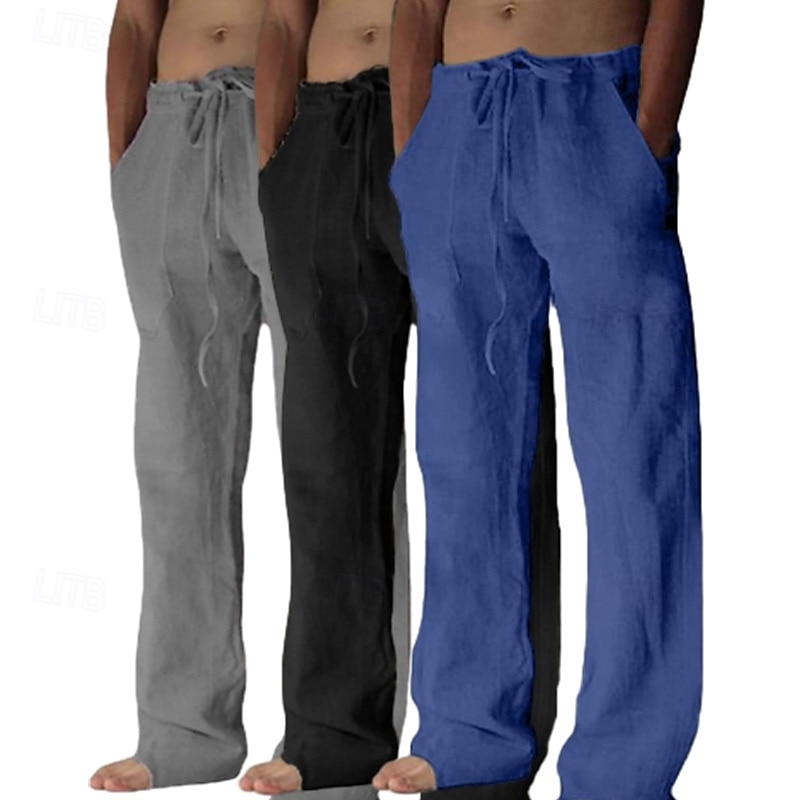 Homens Calças de linho Calças Calça verão Calças largas Calças de praia Bolsos Com Cordão Tecido Conforto Respirável Comprimento total Ioga Casual Diário Férias Estilo Clássico Khaki + Branco + Cinza de 2025 por $39.99 –P7
