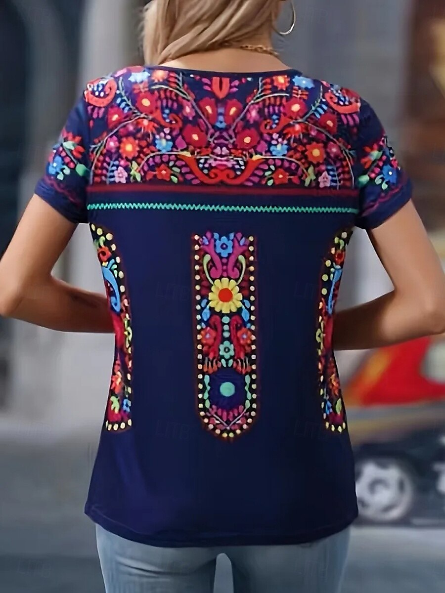 Femmes T-shirt Fleuri Graphique ancien Élégant Classique Manche Courte Encolure en V Hauts Réguliers Quotidien Week-end Imprimé Noir bleu marine Vert Été Printemps de 2025 ? $27.99 –P4