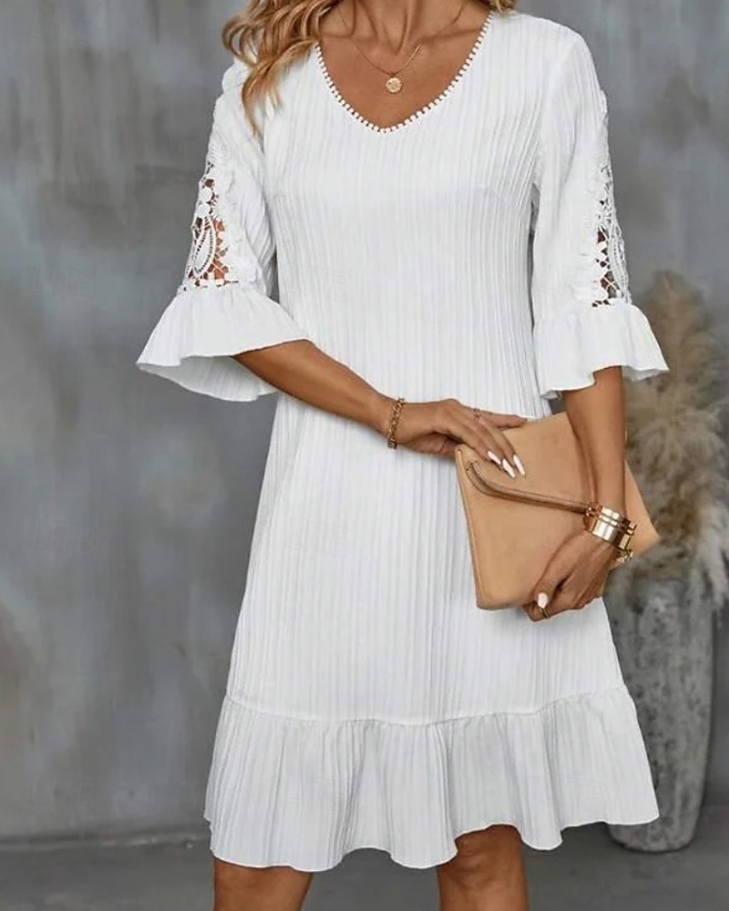 Pentru femei Rochie Mini Rochie albă Rochie de dantela Rochie casual Clasic Modern Manșon Flare cuff În aer liber Vacanță Ieșire Fit regulat Simplu Manșon Jumate În V Alb Vară 2025 - $22.99 –P2