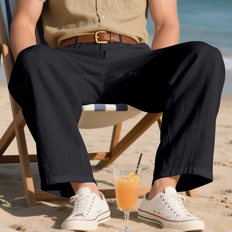 Men's Linen Pants Trousers Summer Pants Beach Pants Pocket Straight Leg Plain Comfort Breathable Vacation Daily Holiday Hawaiian Boho Black White 2025 - $25.99 –P11