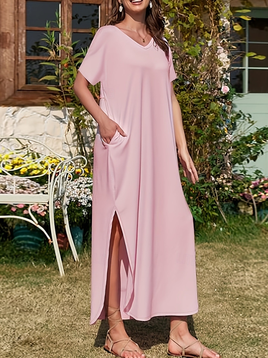Femmes Robe maxi Robe d'été Occasionnel Quotidien Coupe régulière Uni Manche Courte Col en V Noir Rose Claire Vert Été de 2025 ? $30.99 –P7
