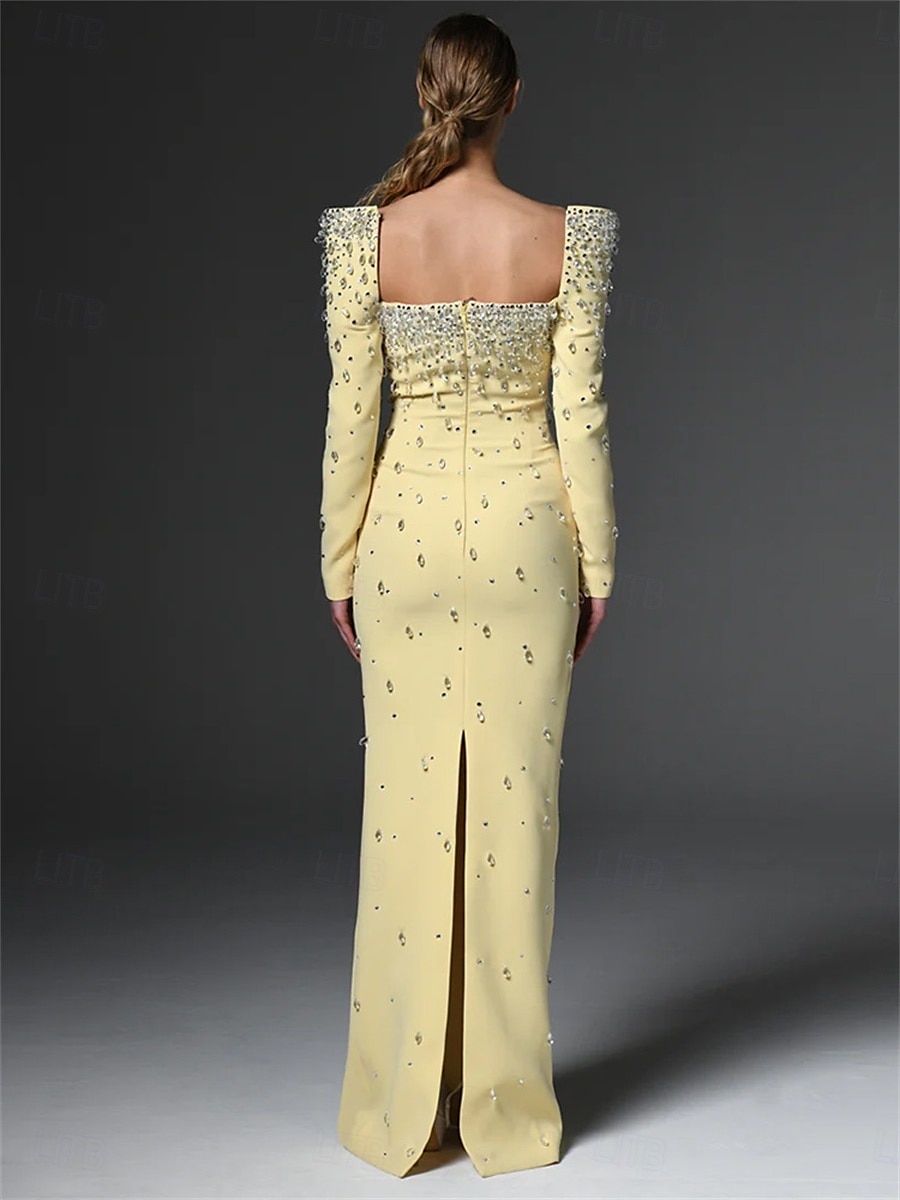 Mermaid / Trumpet High Fashion Yellow Dress Elegant Dress Formal Wedding Floor Length Semi Formal Long Sleeve Square Neck Crepe Center Back Slit with Crystal 2025 - $149.99 –P3