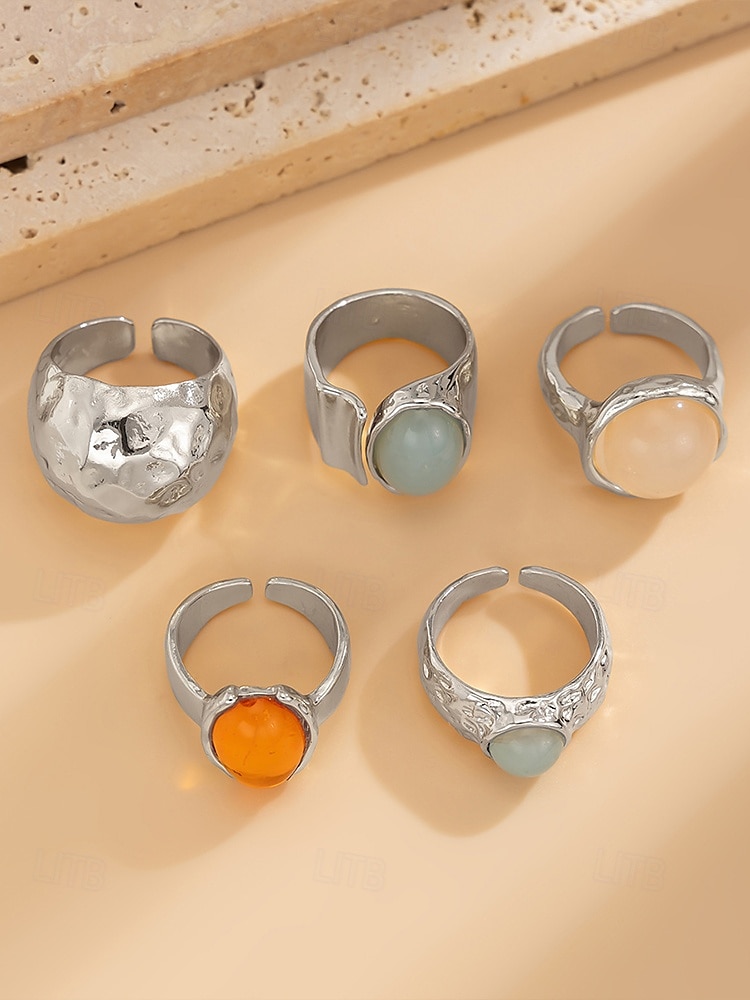 Damesett med vintage edelstener i gull – sett med flere statement-ringer med klumpete tekstur og fargerike harpiks-edelstener, egnet for kontor, vintage-mote, fest og hverdagsstil 2025 - $11.99 –P5