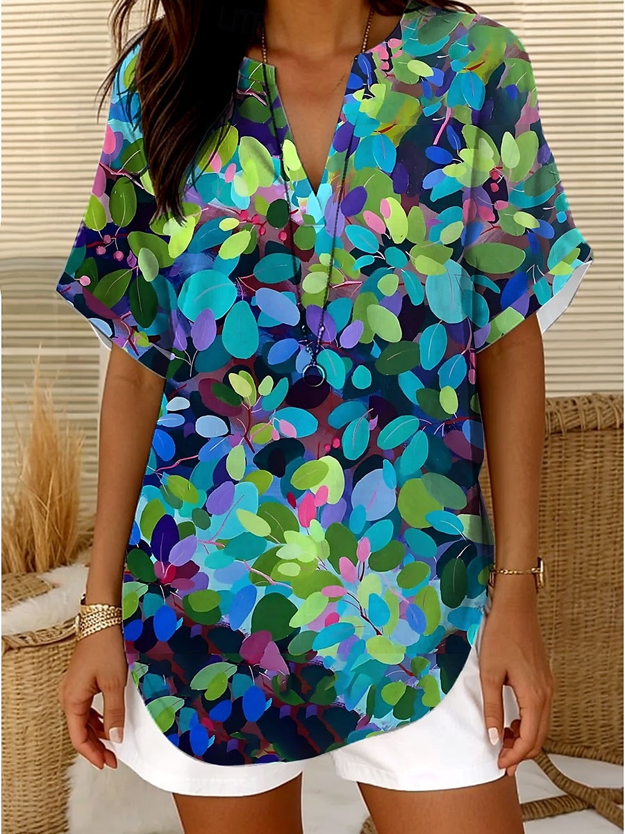 Women's Blouse Floral Graphic Striped Elegant Daily Casual Sleeveless Short Sleeve V Neck Notched Neck Regular Tops Daily Holiday Going out White Yellow Blue Khaki Summer Spring 2025 - $23.99 –P4