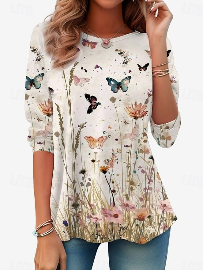 Mujer Camiseta Floral Casual Manga Larga Cuello Barco Tops regulares Diario Estampado Verde salvia Rosa Azul Piscina Azul cielo Morado Primavera Otoño 2025 - $23.99 –P8