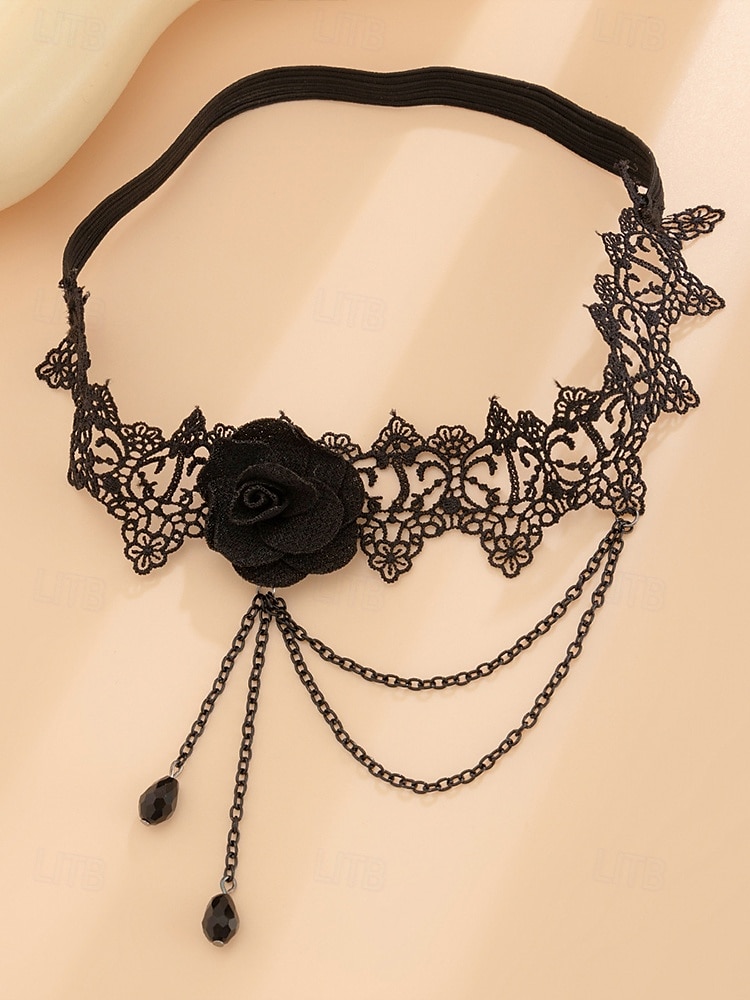 Liga elástica de encaje gótico con rosas para mujer, con cadenas y cuentas, joyería elástica vintage para muslos, ideal para fiestas de Halloween y cosplay. 2025 - $9.99 –P5