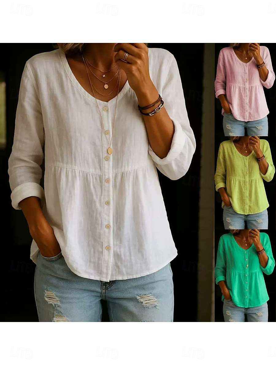 Dames Overhemd Effen Kleur Effen Stijlvol Casual Lange mouw Overhemdkraag Normale tops Dagelijks Knop Gesmokt Wit Geel Blozend Roze Groen Zomer Lente 2025 - $18.99 –P3