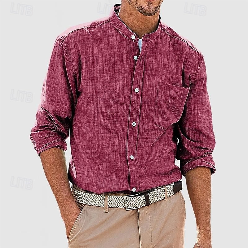 Men's Shirt Chinese Collar Shirt Mandarin Collar Shirt Summer Shirt Casual Shirt Beach Shirt White Red Navy Blue Blue Long Sleeve Plain Band Collar Vacation Hawaiian Pocket Clothing Apparel Polyester 2025 - $25.99 –P2