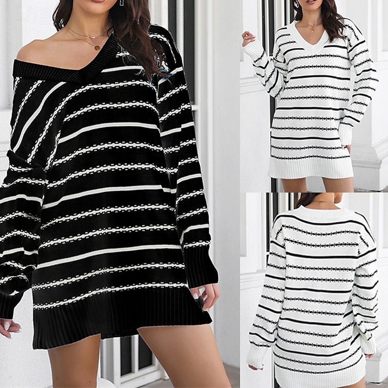 Femmes Mini Robe Robe Pull Robe occidentale Mode Extérieur Soirée Fête Coupe régulière Rayé manche longue Col en V Noir Automne de 2025 ? $25.99 –P1