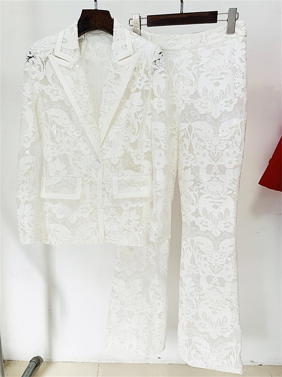 Conjunto de Calças Vestido da Mãe da Noiva Vestido Elegante Colarinho de Camisa Comprimento do Tornozelo Renda Mangas Longas com Cor Sólida de 2025 por $149.99 –P2