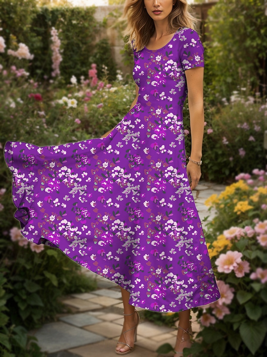 Women's Maxi Dress Knit Dress Casual Dress Sundress A Line Dress Elegant Vacation Casual Regular Fit Floral Graphic Short Sleeve Square Neck Yellow Red Blue Purple Summer 2025 - $30.99 –P5